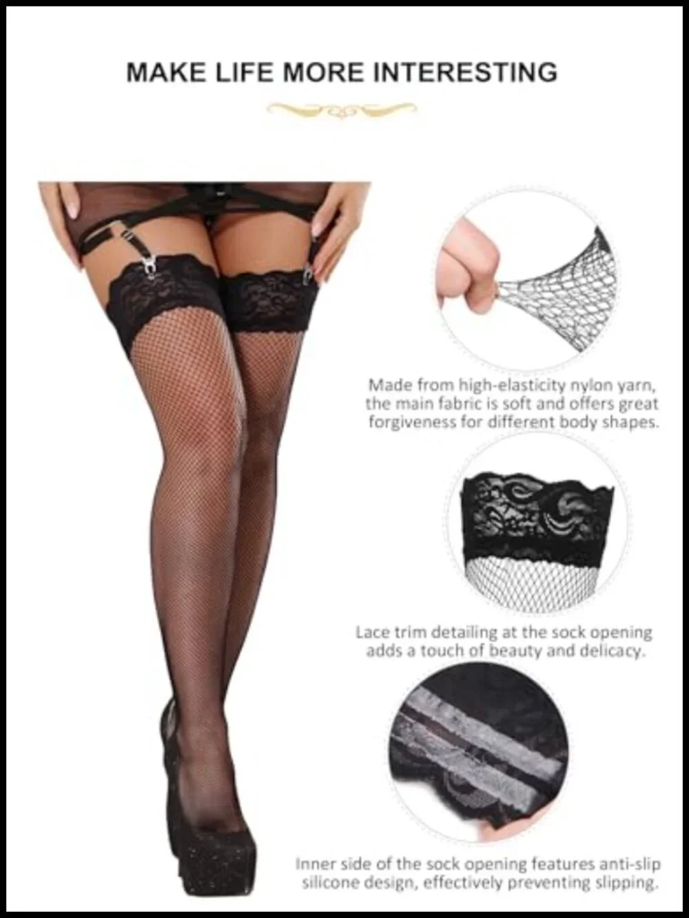Lace Garter Belt and Thigh High Stockings Set with 6 Straps, Plus Size, Hook